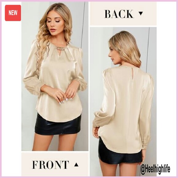 Long Sleeve Satin Blouse, Hip-Length Fit, Keyhole Neck, Business Casual - Picture 3 of 8